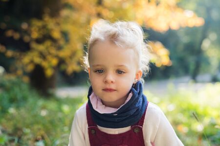 Front view portrait of a small toddler girl standing in autumn forest.の写真素材