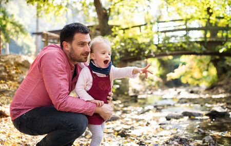 Father with small daughter on a walk in autumn forestの写真素材