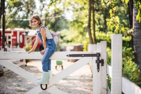 A portrait of small girl on family farm, sitting on wooden gate.の写真素材