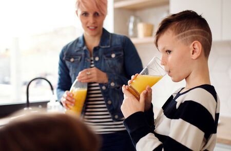 A young woman with children drinking juice in a kitchen.の写真素材