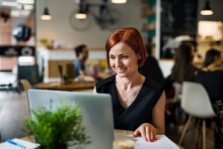 A portrait of woman sitting at the table in a cafe, using laptop.の写真素材