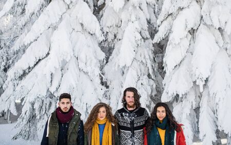 A group of young friends on a walk outdoors in snow in winter.の写真素材