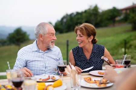 Senior couple sitting a t the table outdoors on family garden barbecue.の写真素材