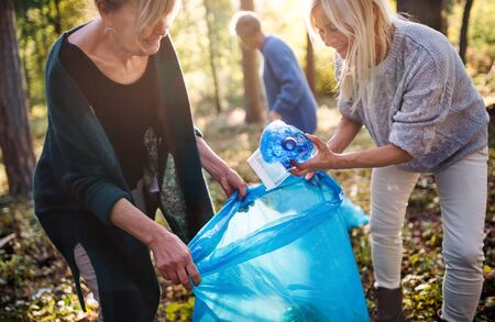 Senior women friends picking up litter outdoors in forest, a plogging concept.