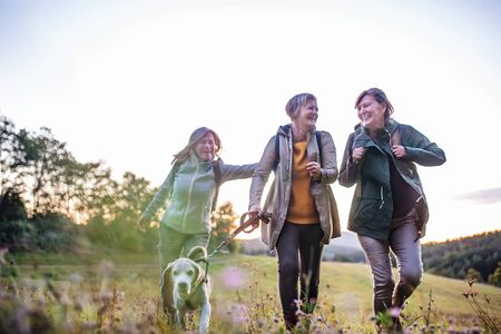 Senior women friends with dog on walk outdoors in nature.の写真素材