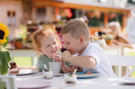 Small children sitting at the table outdoors on garden party, drinking.の写真素材