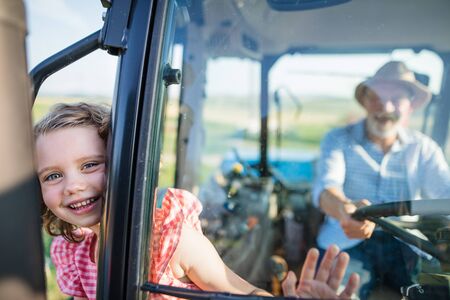 Senior farmer with small granddaughter sitting in tractor, driving.の写真素材