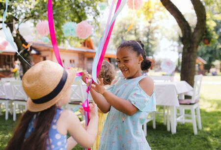 Small children outdoors in garden in summer, playing.の写真素材