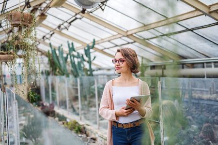 Woman researcher standing in greenhouse, using tablet.の写真素材