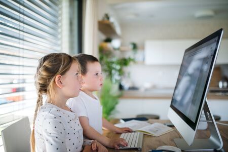 Small girl and boy using computer indoors at home. Corona virus and quarantine concept.