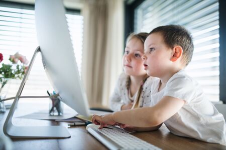 Small girl and boy using computer indoors at home. quarantine concept.の写真素材