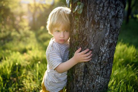 Front view of small boy standing outdoors in spring nature, hugging tree.の写真素材
