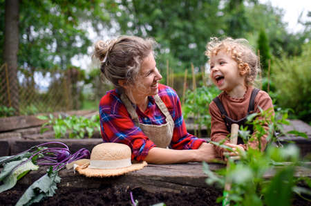 Mother with small daughter gardening on farm, growing organic vegetables.