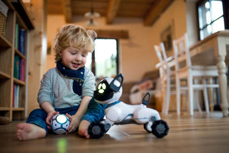 A cute toddler boy sitting indoors at home, playing with robotic dog.