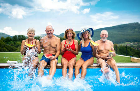 Group of cheerful seniors sitting by swimming pool outdoors in backyard.