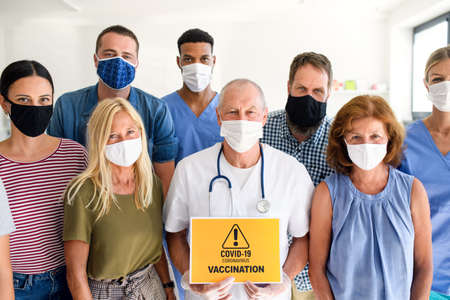Portrait of doctor and people with face masks, coronavirus, covid-19 and vaccination concept.