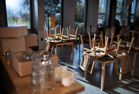Packed boxes in closed cafe, small business lockdown due to coronavirus.の写真素材