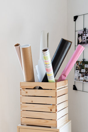 Wooden box container on desk, natural decor concept.の写真素材