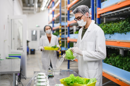 Workers with face mask on aquaponic farm, sustainable business and coronavirus.の写真素材