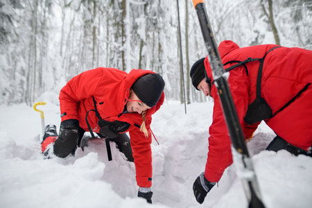 Mountain rescue service on operation outdoors in winter in forest, digging snow with shovels.の写真素材