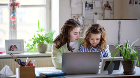 Sisters schoolgirls with laptop learning online indoors at home, virus concept.の写真素材