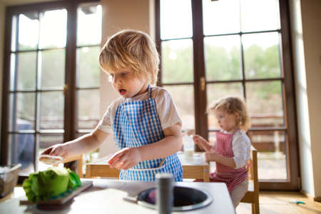 Small boy and girl with apron playing indoors with toy kitchen at home.の写真素材