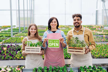 Portrait of people working in greenhouse in garden center, store open after lockdown.の写真素材