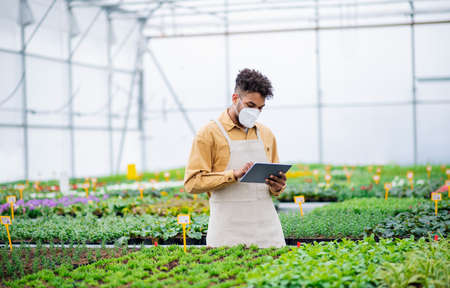 Young african-american man with tablet working in greenhouseの写真素材