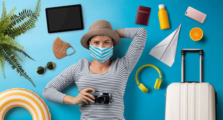 Flat lay top view portrait of young woman, summer holiday, coronavirus, travel and new normal...