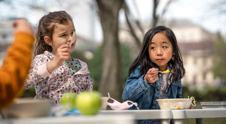 Small children eating lunch outdoors in city park, learning group education