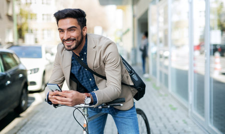 Young business man commuter with bicycle going to work outdoors in city, using smartphone.の写真素材
