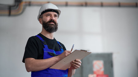 Low-angle view of worker with helmet indoors in factory holding clipboard.の写真素材