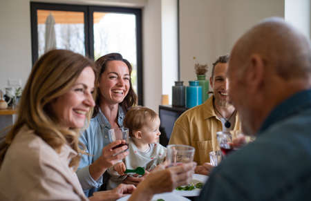 Happy multigeneration family indoors at home eating healthy lunch, having good time.