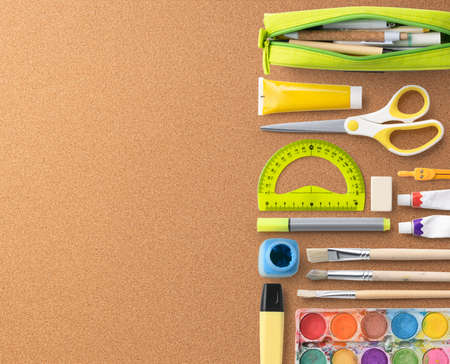 Flat lay top view of group of school supplies, back to school concept. Copy space.