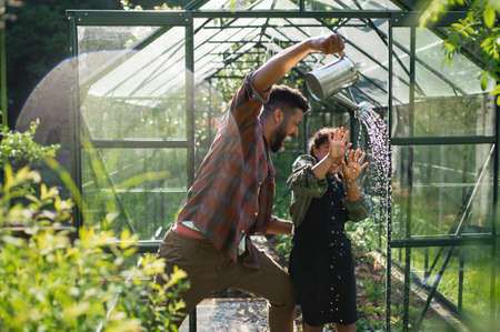 Happy young brother with small sister having fun outdoors in backyard, gardening and greenhouse concept.の写真素材