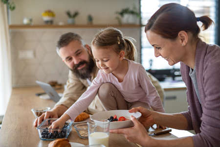 Family with small daughter indoors in kitchen at home, everyday life and home office with child concept.の写真素材