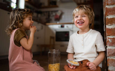 Two happy small children indoors at home, eating cornflakes on floor.の写真素材