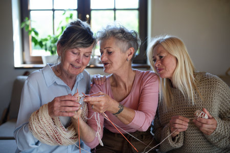 Happy senior friends having fun knitting together indoors at home.の写真素材