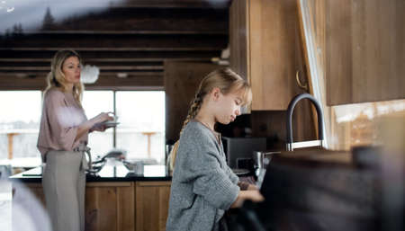 Mother with small daughter washing dishes, winter holiday in private apartment.の写真素材