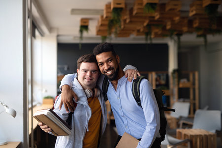 Young man with Down syndrome and his tutor with arms around looking at camera indoors at school