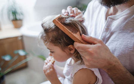 Unrecognizable father with small daughter indoors in bathroom at home, combing hair.の写真素材