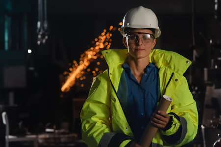 Portrait of happy young industrial man with protective wear indoors in metal workshop, looking at...