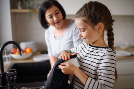 Happy small girl with senior grandmother indoors at home drying dishes.の写真素材