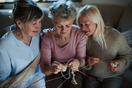 High angle view of happy senior friends having fun knitting together indoors at home.の写真素材