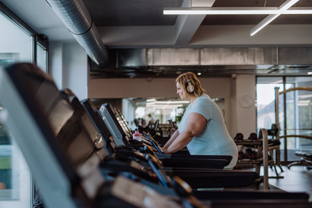 Mid adult overweight woman with headphones exercising on treadmill in gym