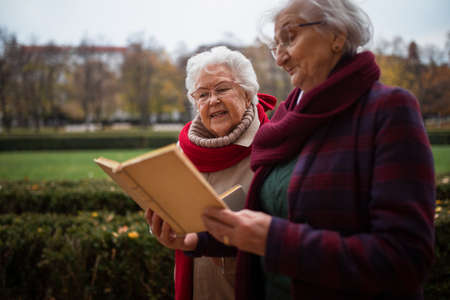 Happy senior women friends on walk outdoors in town park in autumn, reading book and talking.の写真素材