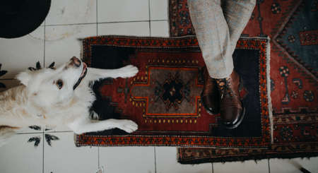 Unrecognizable senior man sitting in cafeteria with his dog, directly above view.