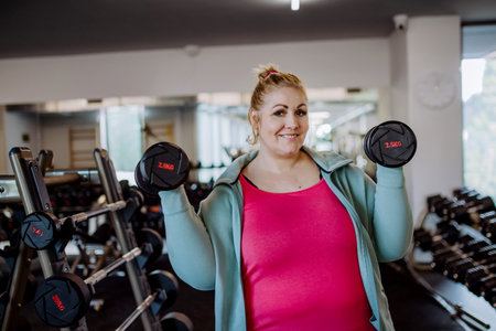 Plus size woman training and lifting dumbbells indoors in gym, looking at camera