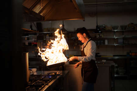 Professional chef preparing meal, flambing indoors in restaurant kitchen.の写真素材