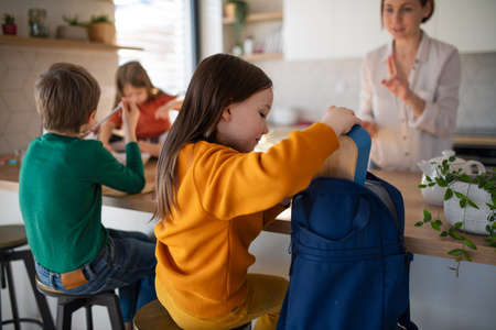 Little girl packing lunch box to backpack in kitchen at home.の写真素材